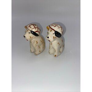 Vintage Ceramic Dog Salt & Pepper Shakers With Plaid Caps occupied Japan